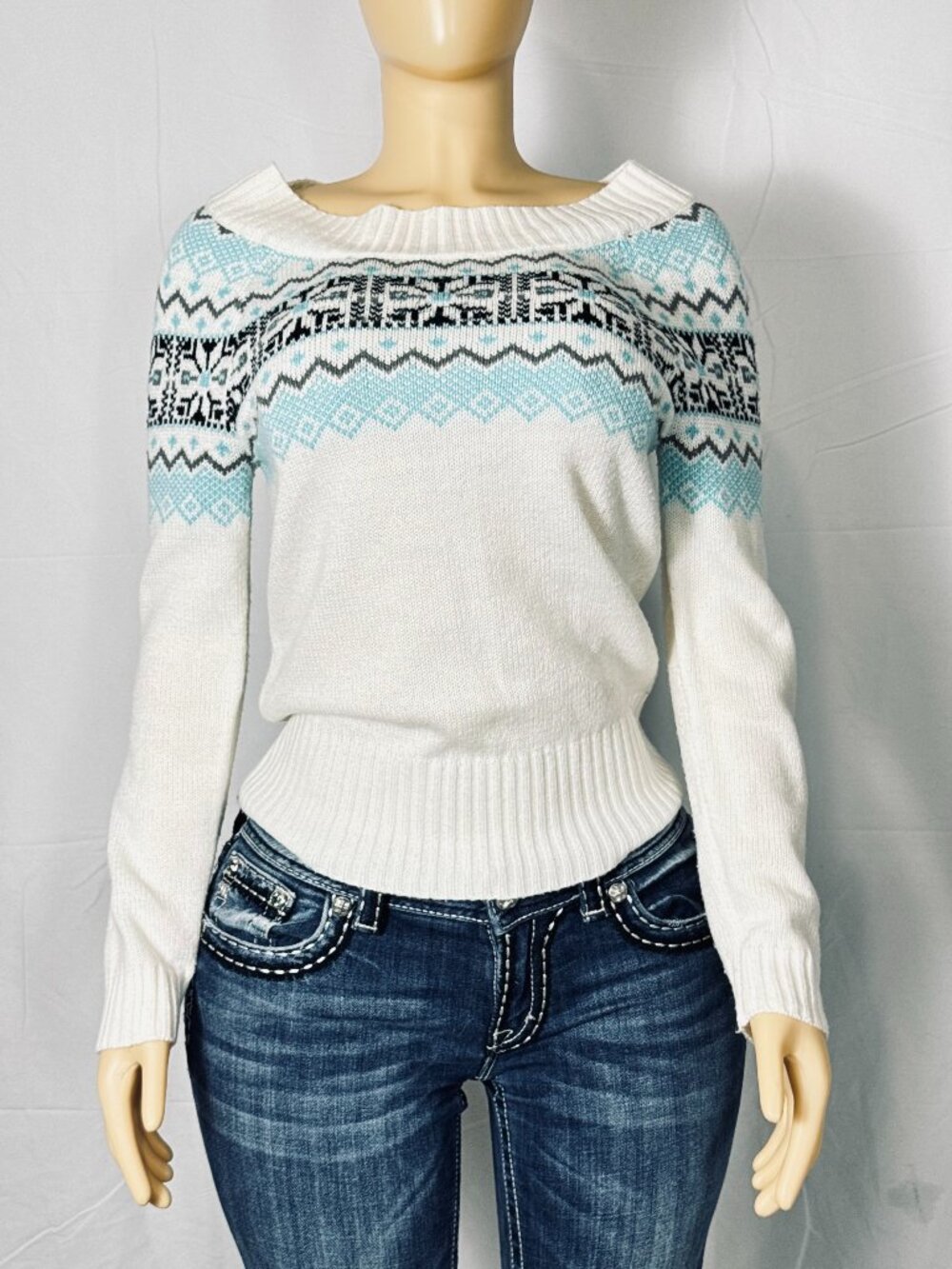 Vintage Y2K OP Sweater Women's M White Blue and Black Geometric Weave